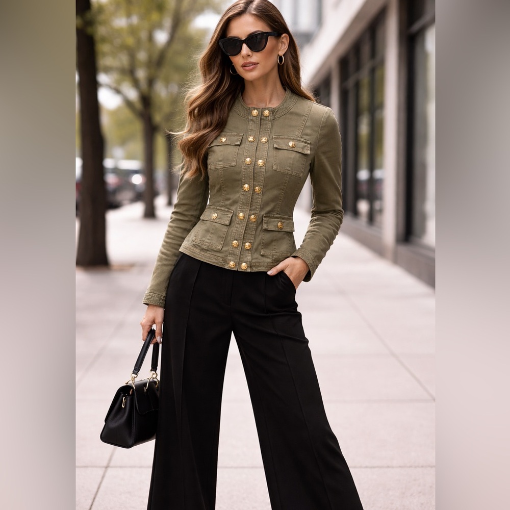 White House Black Market Olive Military Jacket Gold Buttons Hook Front Fitted 4